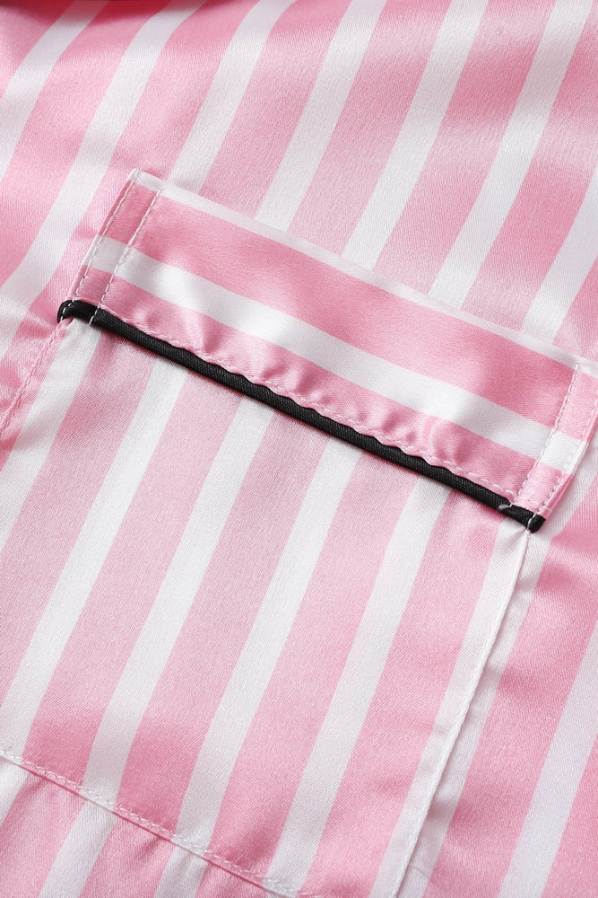 
                      
                        Pink Striped Ruffled Satin Short Pajama Set
                      
                    