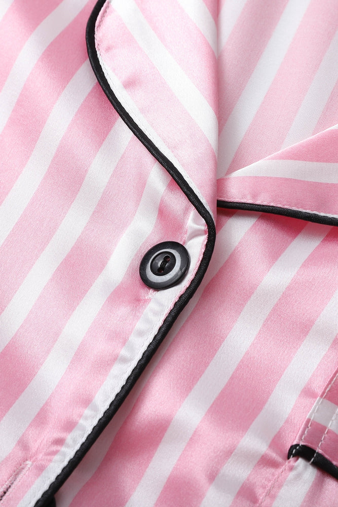 
                      
                        Pink Striped Ruffled Satin Short Pajama Set
                      
                    