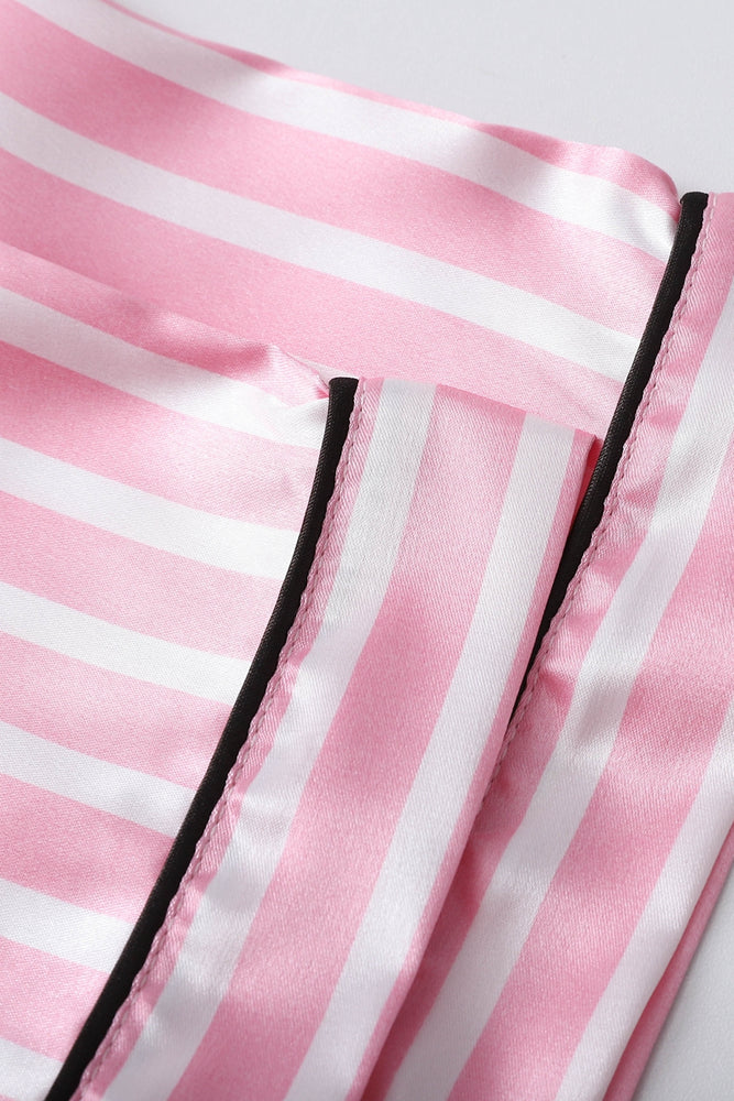 
                      
                        Pink Striped Ruffled Satin Short Pajama Set
                      
                    