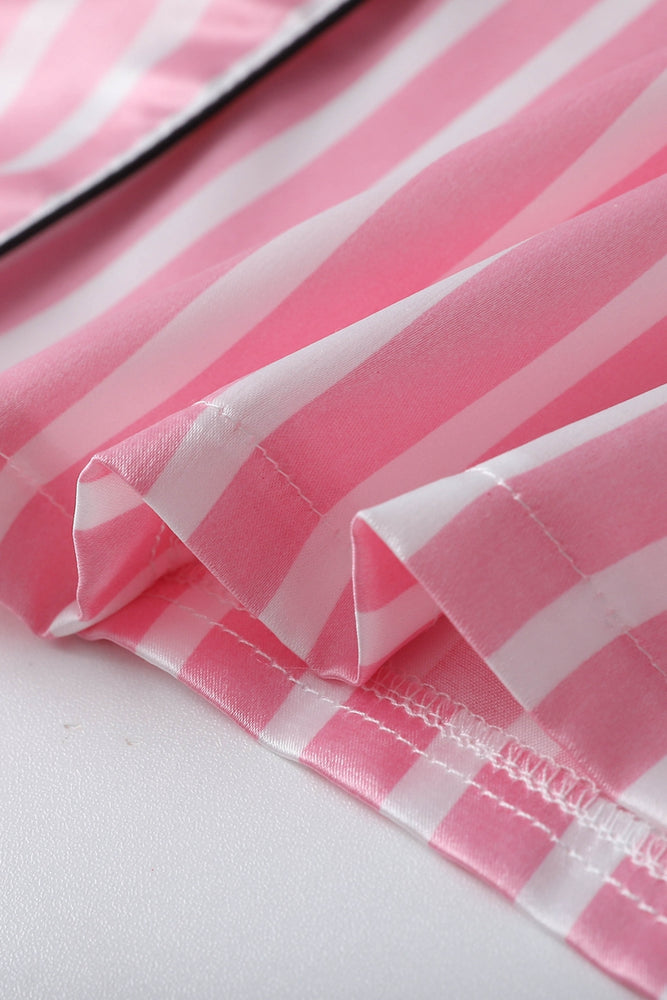 
                      
                        Pink Striped Ruffled Satin Short Pajama Set
                      
                    