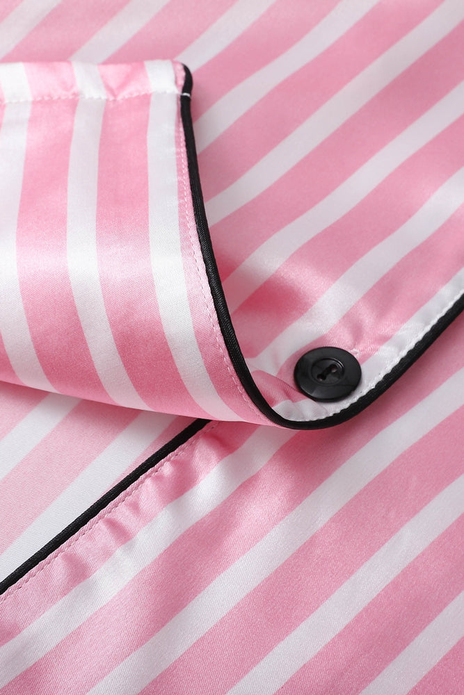 
                      
                        Pink Striped Ruffled Satin Short Pajama Set
                      
                    