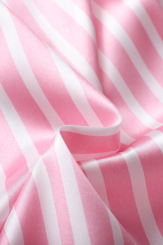 
                      
                        Pink Striped Ruffled Satin Short Pajama Set
                      
                    