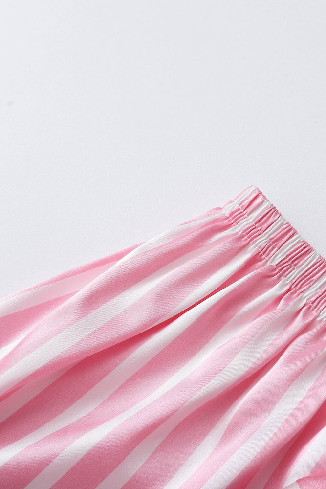 
                      
                        Pink Striped Ruffled Satin Short Pajama Set
                      
                    