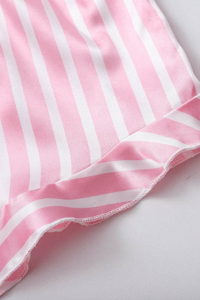 
                      
                        Pink Striped Ruffled Satin Short Pajama Set
                      
                    