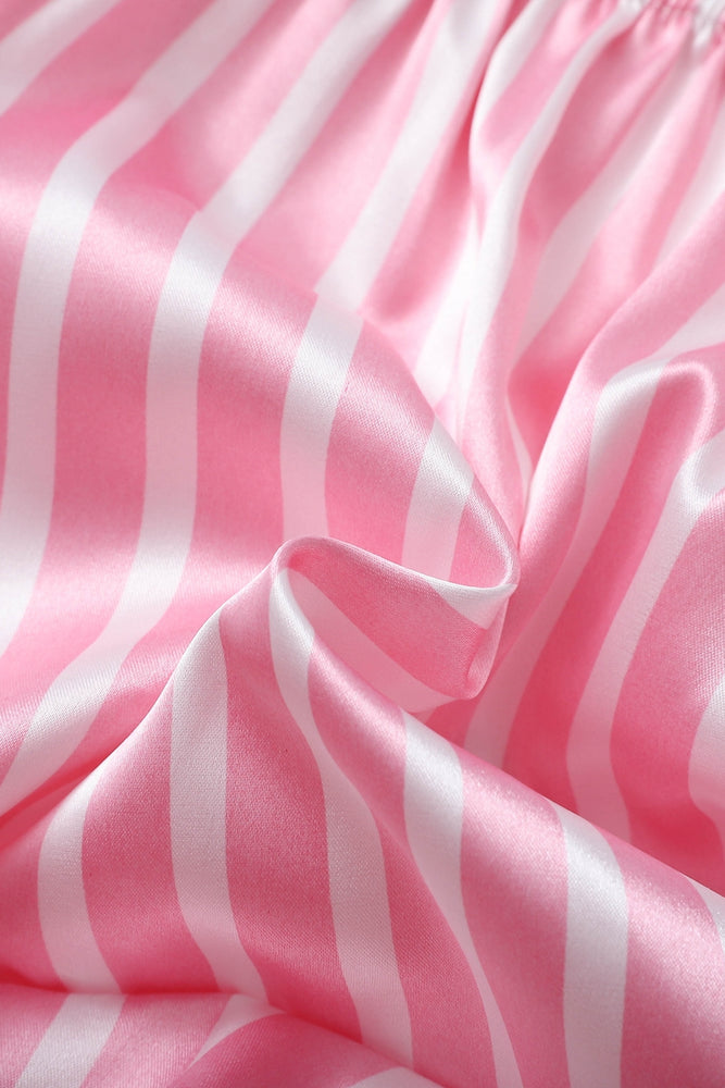 
                      
                        Pink Striped Ruffled Satin Short Pajama Set
                      
                    