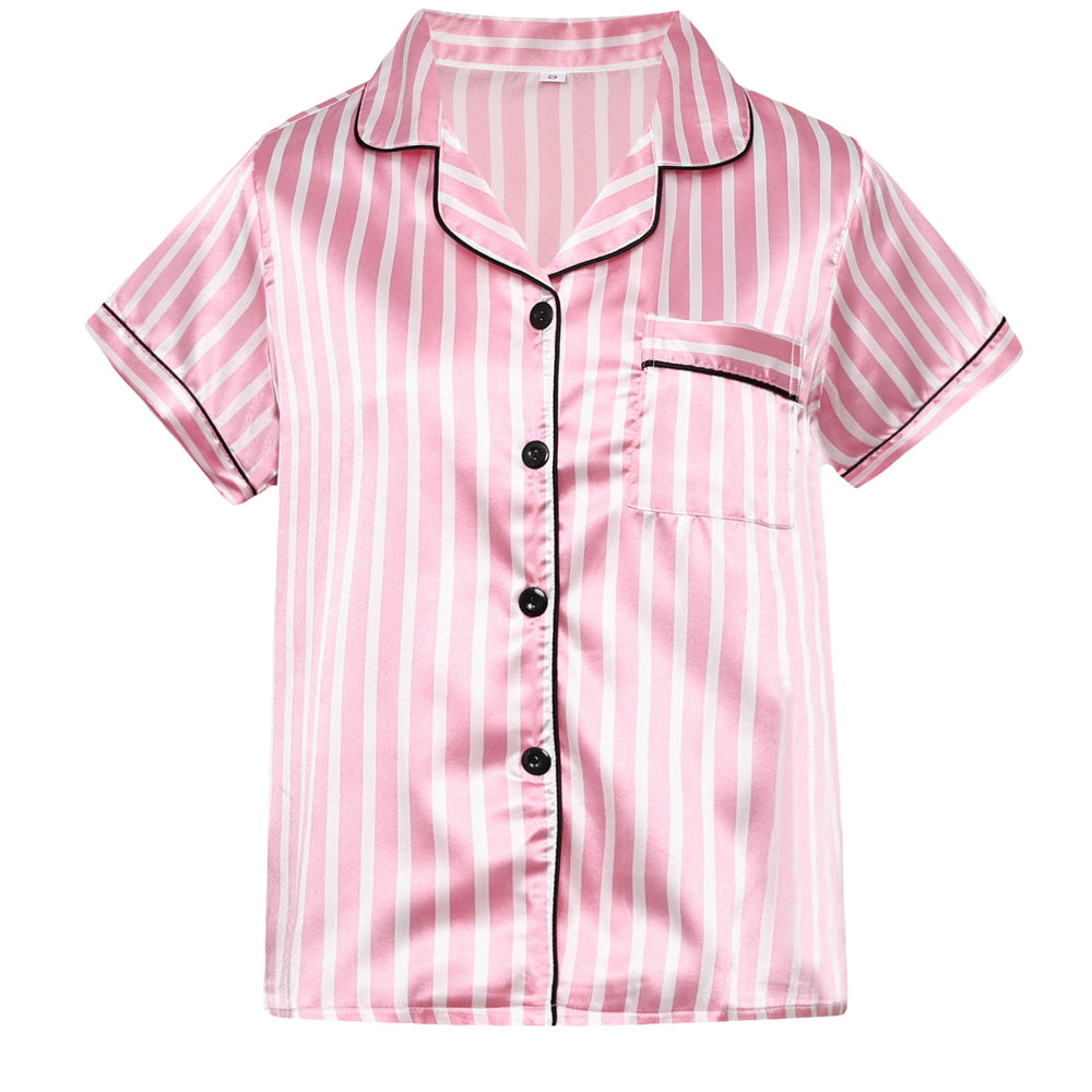 
                      
                        Pink Striped Ruffled Satin Short Pajama Set
                      
                    