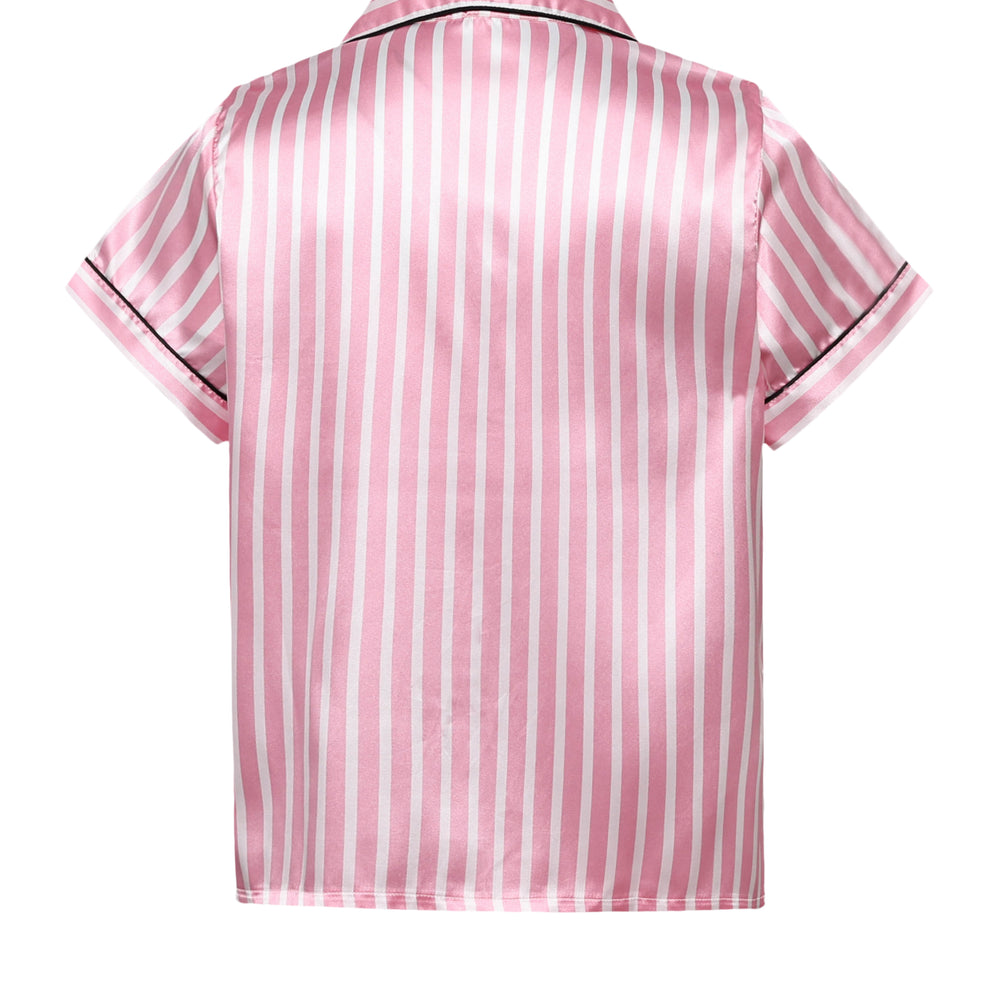 
                      
                        Pink Striped Ruffled Satin Short Pajama Set
                      
                    