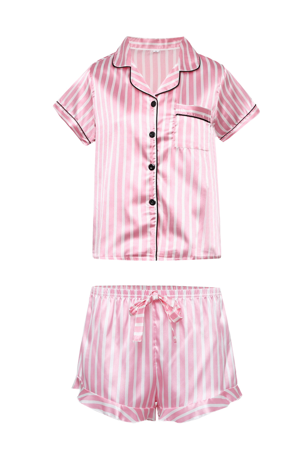 Pink Striped Ruffled Satin Short Pajama Set