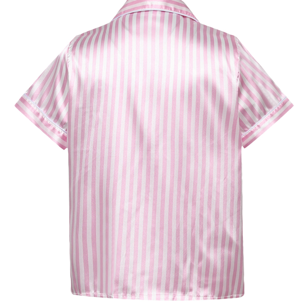 
                      
                        Pink Striped Ruffled Satin Two-Piece Pajama Set
                      
                    