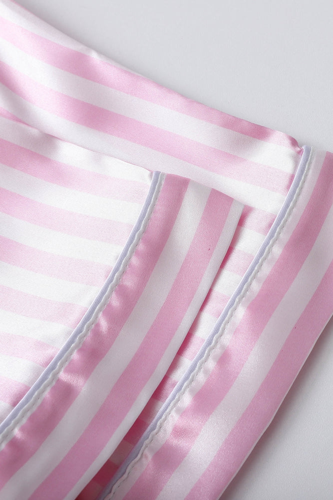 
                      
                        Pink Striped Ruffled Satin Two-Piece Pajama Set
                      
                    