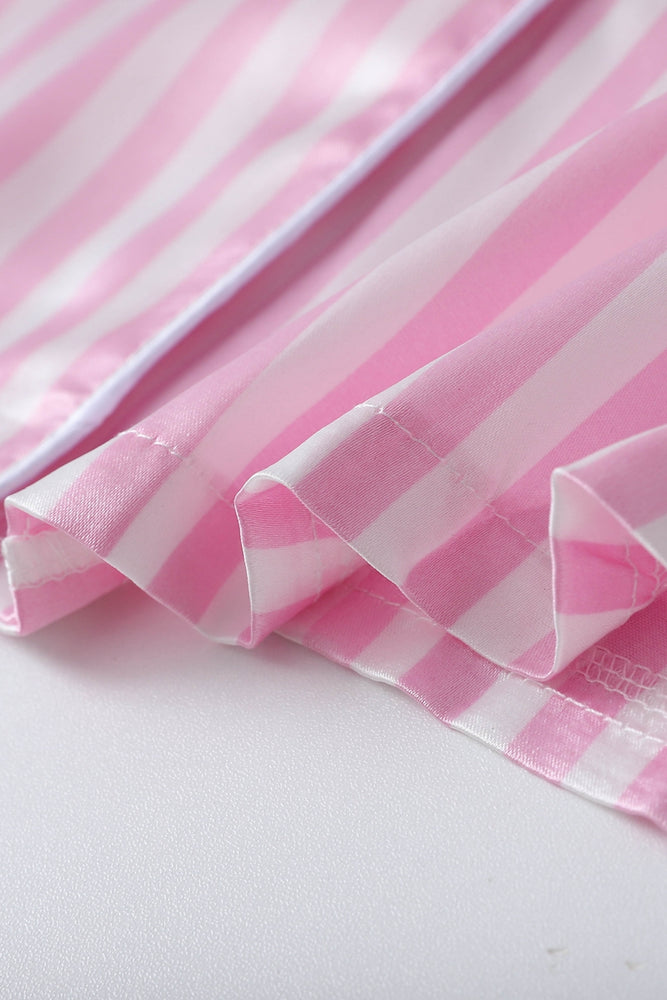 
                      
                        Pink Striped Ruffled Satin Two-Piece Pajama Set
                      
                    