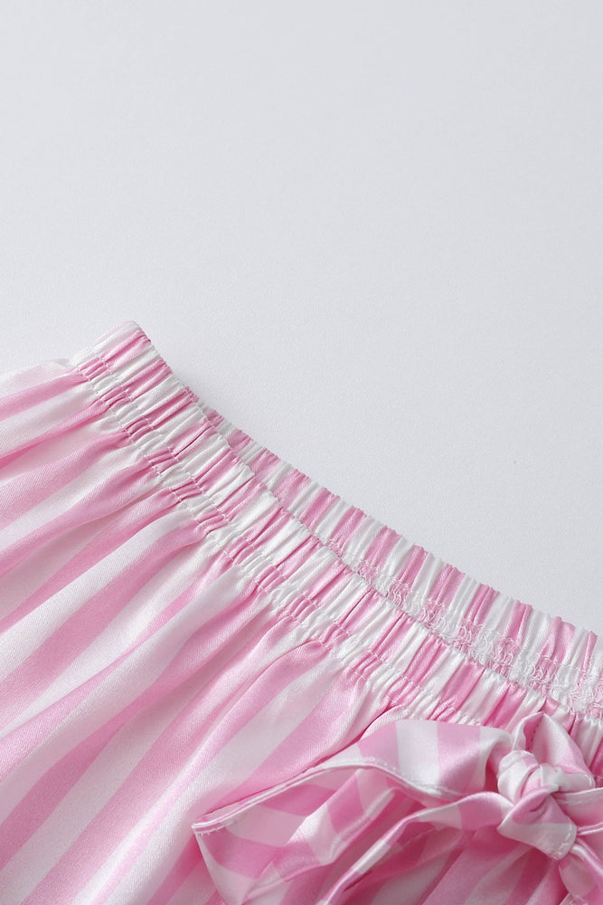 
                      
                        Pink Striped Ruffled Satin Two-Piece Pajama Set
                      
                    