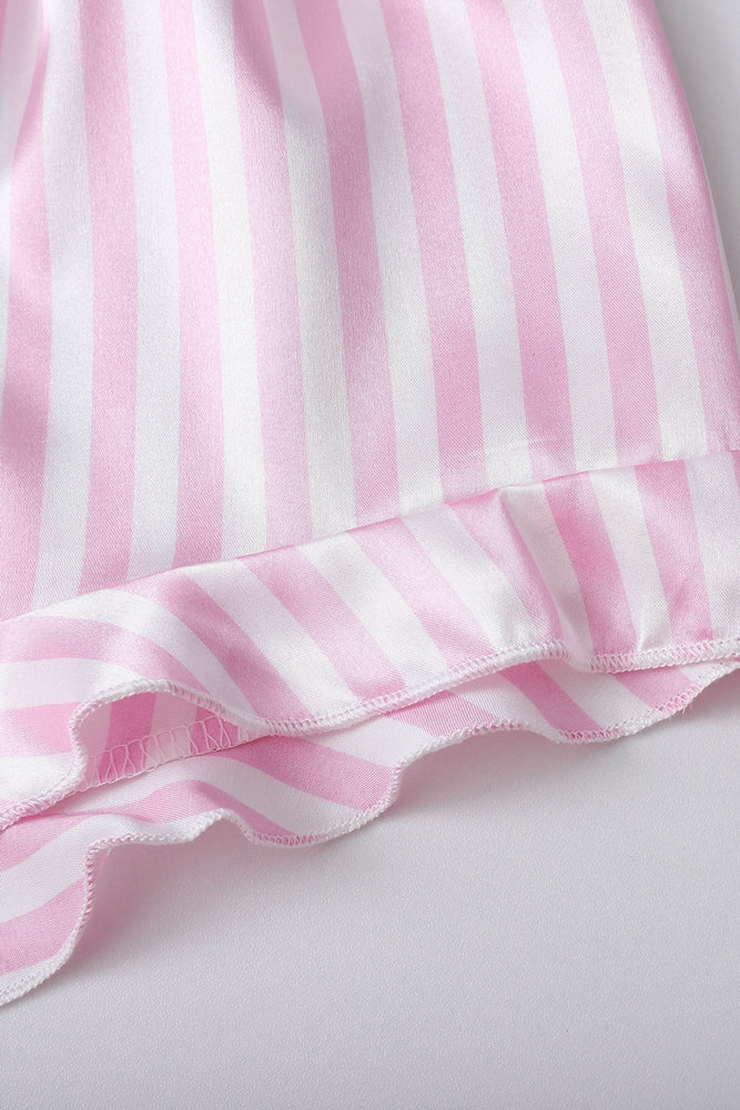 
                      
                        Pink Striped Ruffled Satin Two-Piece Pajama Set
                      
                    