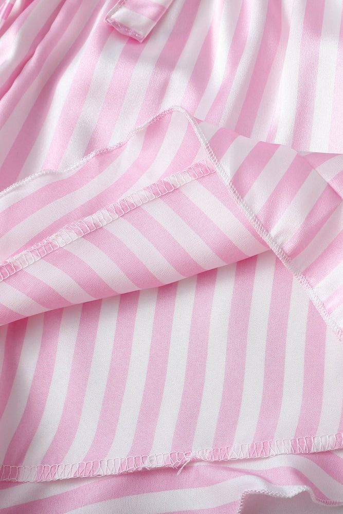 
                      
                        Pink Striped Ruffled Satin Two-Piece Pajama Set
                      
                    