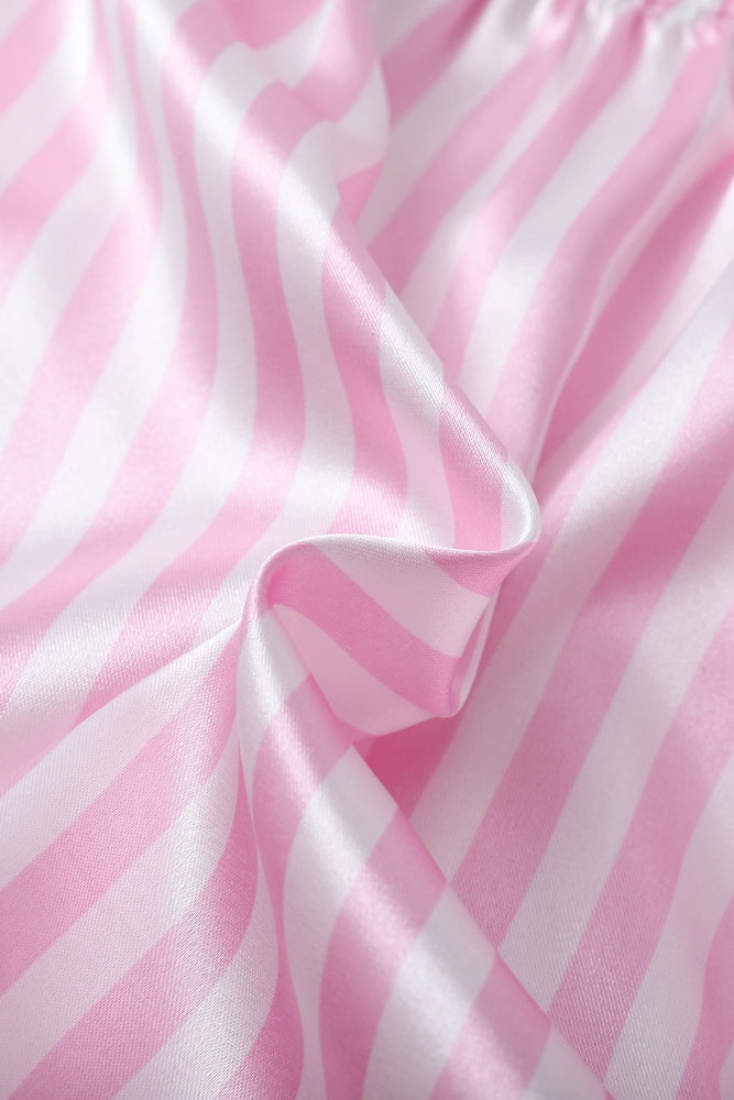 
                      
                        Pink Striped Ruffled Satin Two-Piece Pajama Set
                      
                    