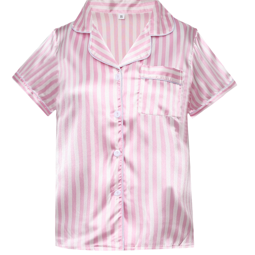 
                      
                        Pink Striped Ruffled Satin Two-Piece Pajama Set
                      
                    