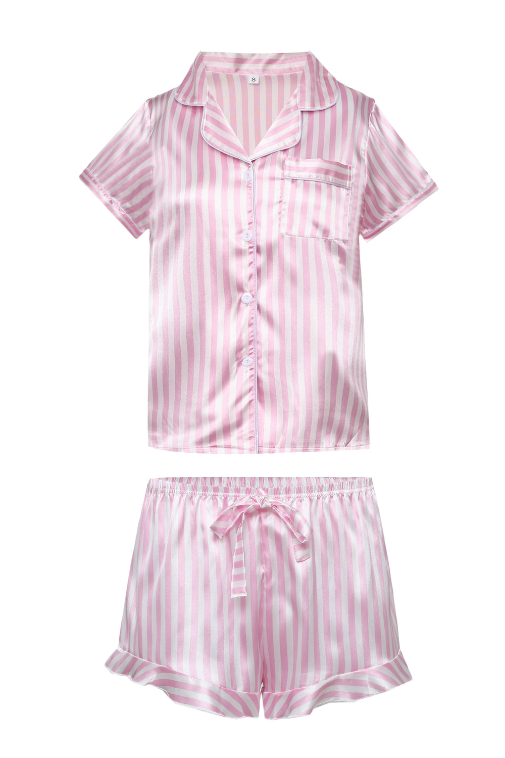 Pink Striped Ruffled Satin Two-Piece Pajama Set