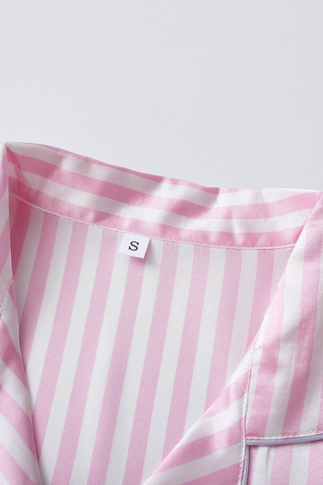 
                      
                        Pink Striped Ruffled Satin Two-Piece Pajama Set
                      
                    