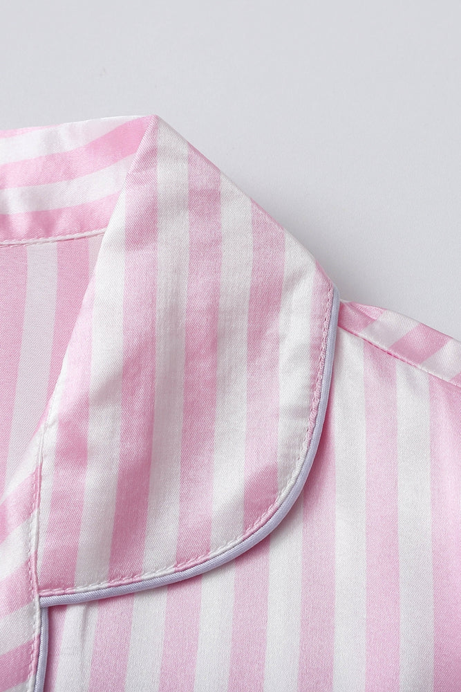
                      
                        Pink Striped Ruffled Satin Two-Piece Pajama Set
                      
                    
