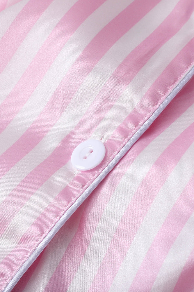 
                      
                        Pink Striped Ruffled Satin Two-Piece Pajama Set
                      
                    