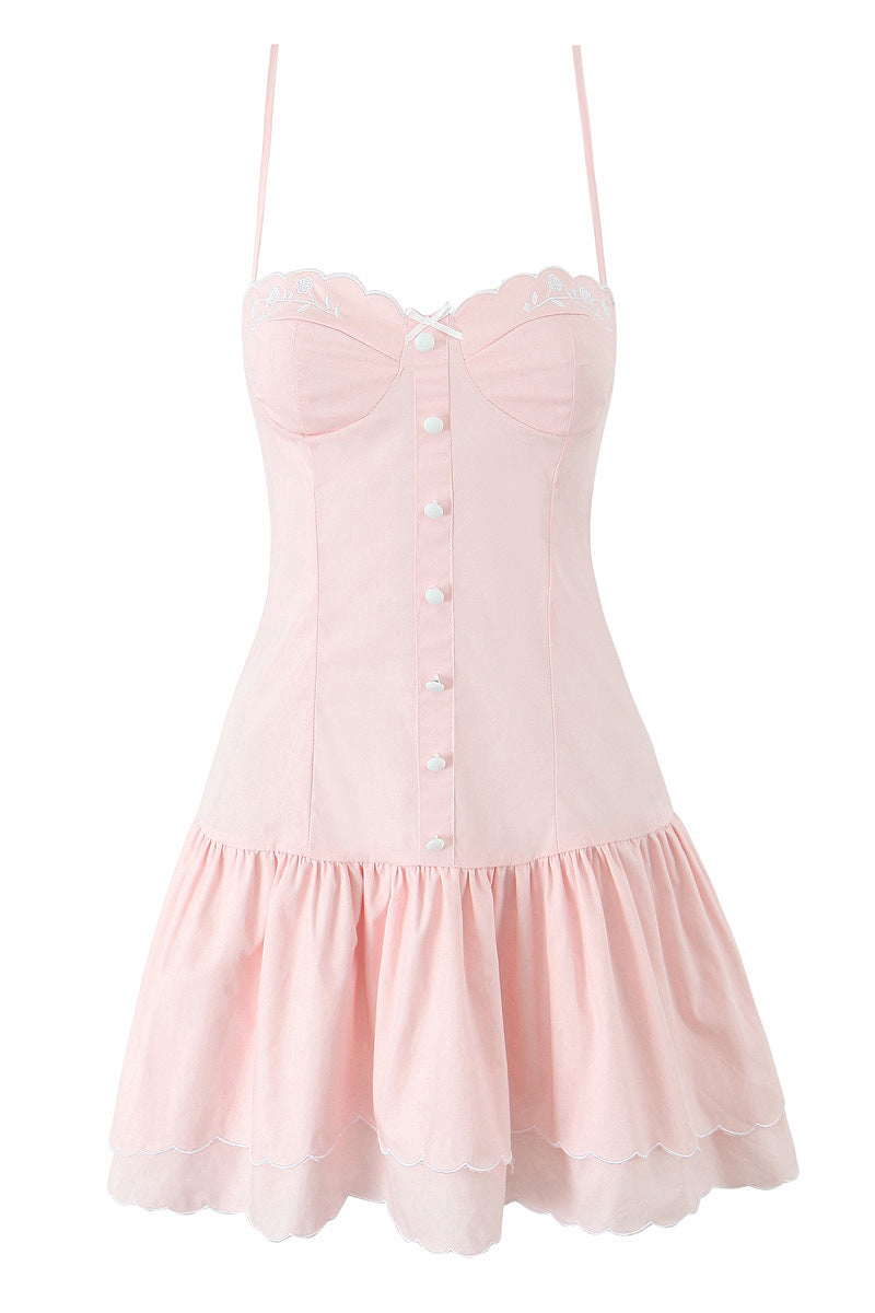 Pink Flower Embroidery Ruffled Hem Short Dress