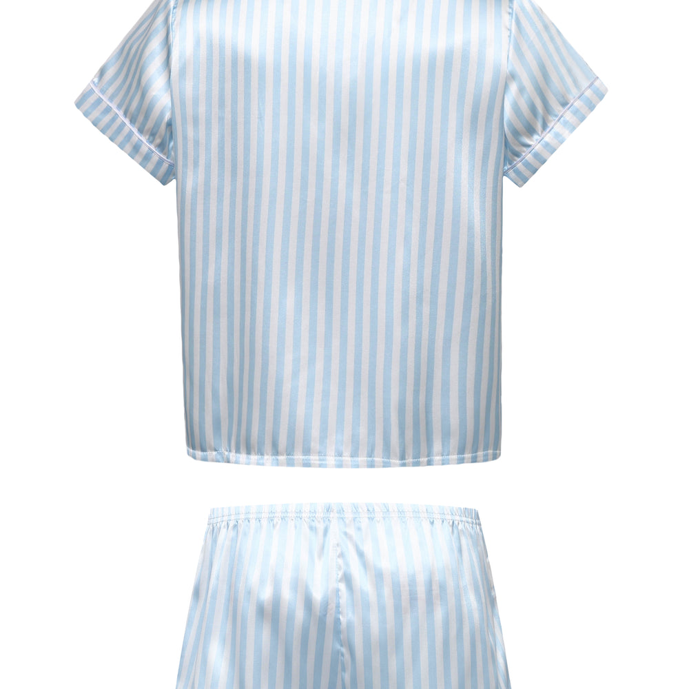 
                      
                        Pink Striped Ruffled Satin Two-Piece Pajama Set
                      
                    