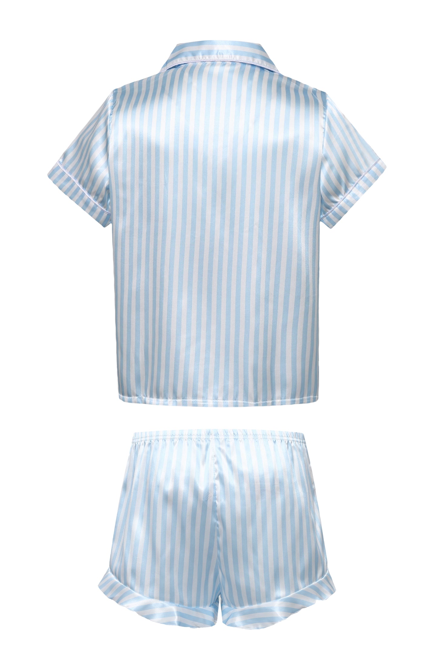 Pink Striped Ruffled Satin Two-Piece Pajama Set