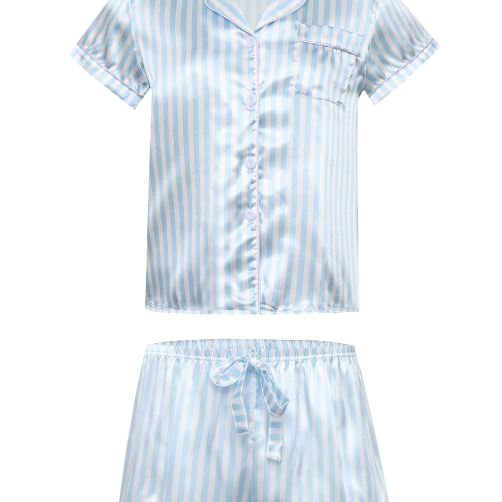 
                      
                        Pink Striped Ruffled Satin Two-Piece Pajama Set
                      
                    