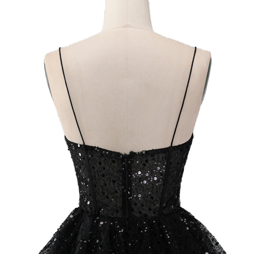 
                      
                        Plunge Neck Black Ruffles Sequin Short Dress
                      
                    