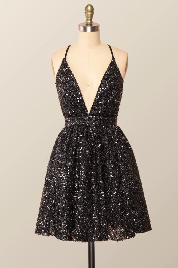 Plunge Neck Black Sequin A-line Short Dress