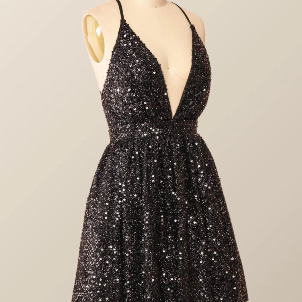 
                      
                        Plunge Neck Black Sequin A-line Short Dress
                      
                    