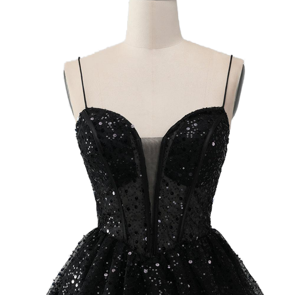 
                      
                        Plunge Neck Black Ruffles Sequin Short Dress
                      
                    