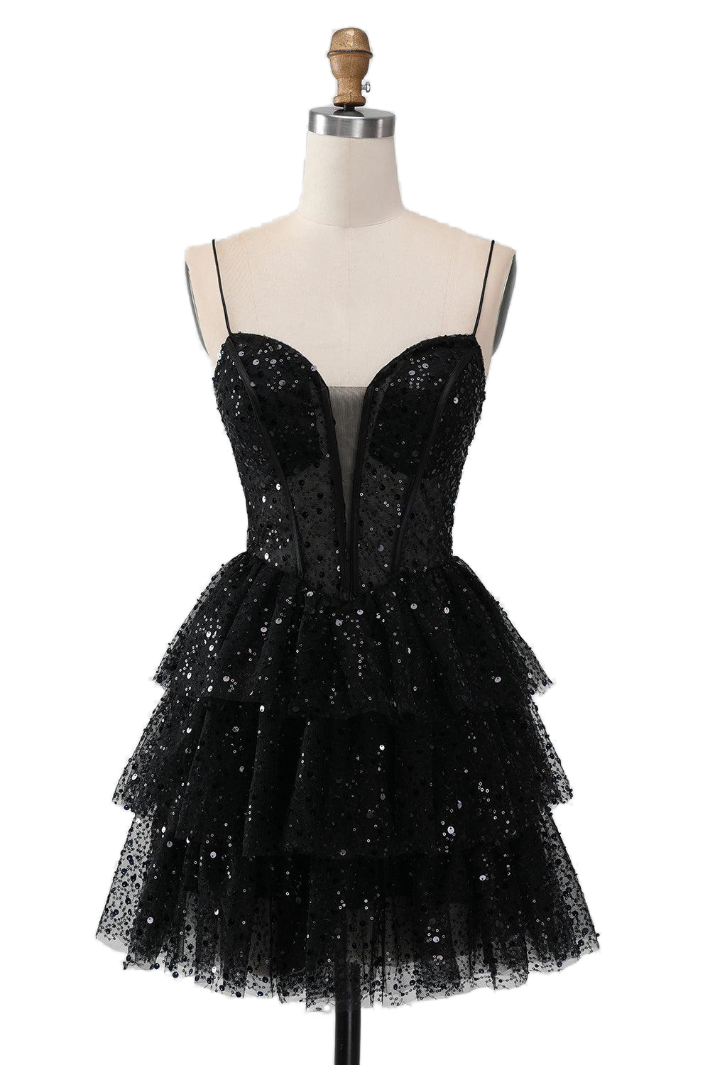 Plunge Neck Black Ruffles Sequin Short Dress