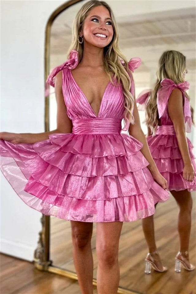 Plunge Neck Fuchsia Ruffle Tiered Short Dress