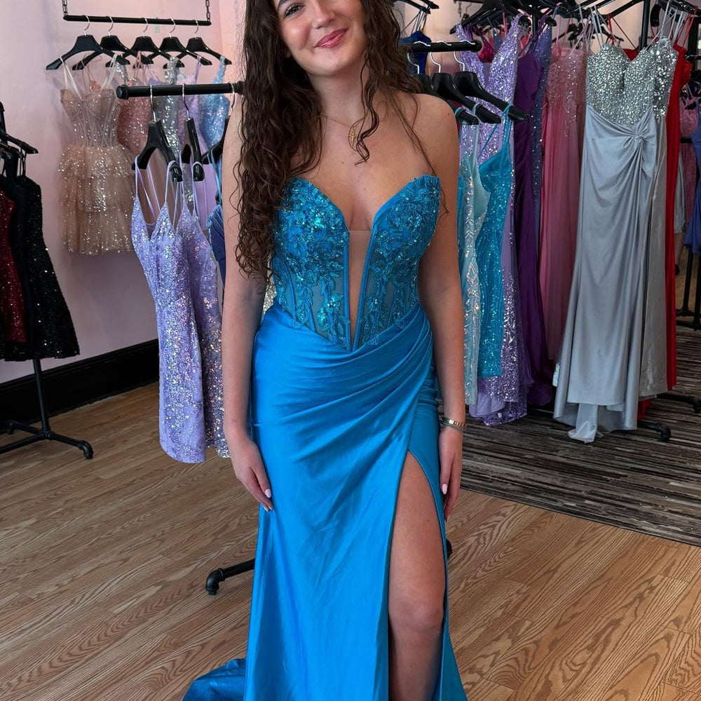 
                      
                        Plunge Neck Blue Sequin Appliques Mermaid Long Dress
                      
                    