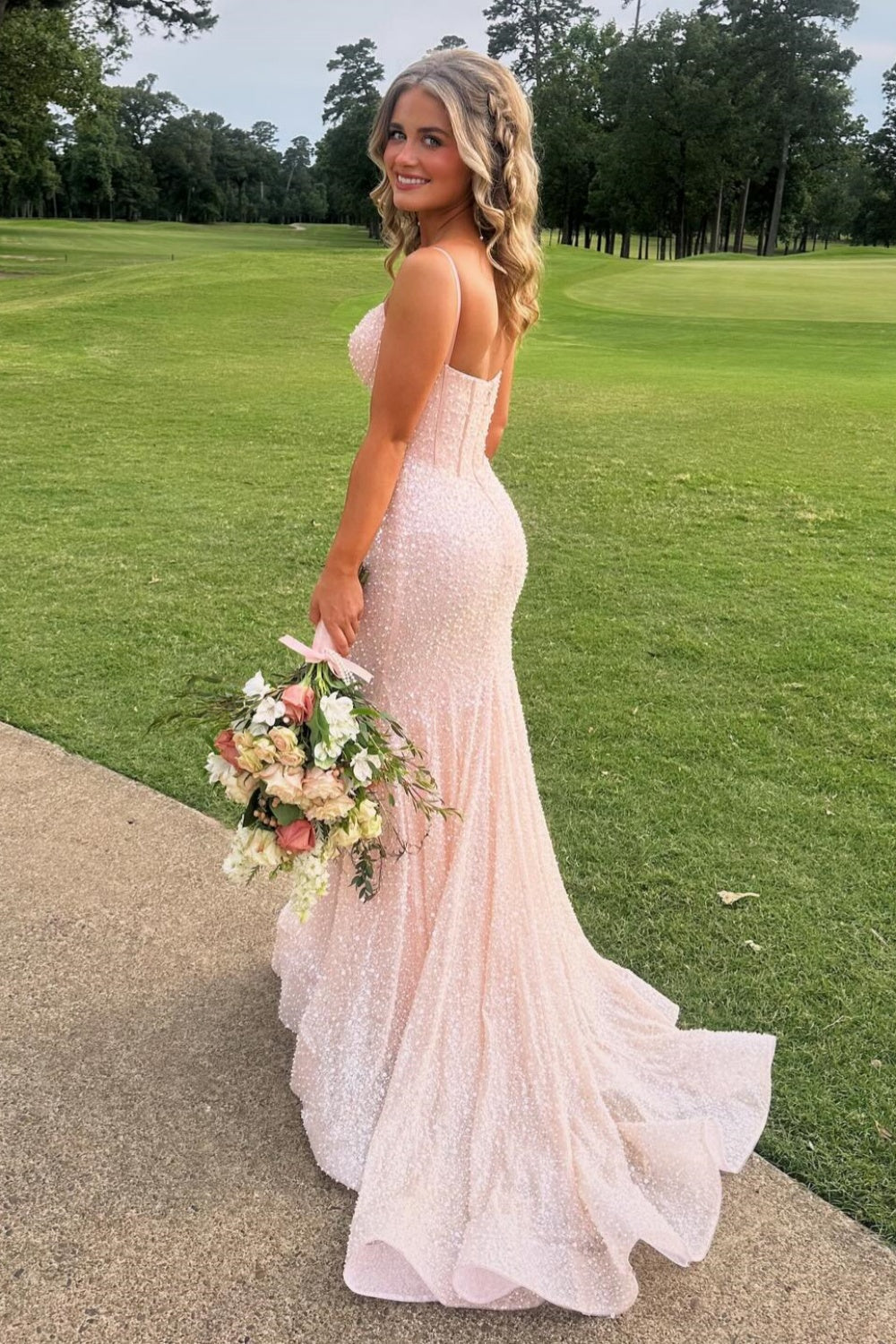 Plunge Neck Blush Pink Sequin Mermaid Long Dress – PollyBoutique