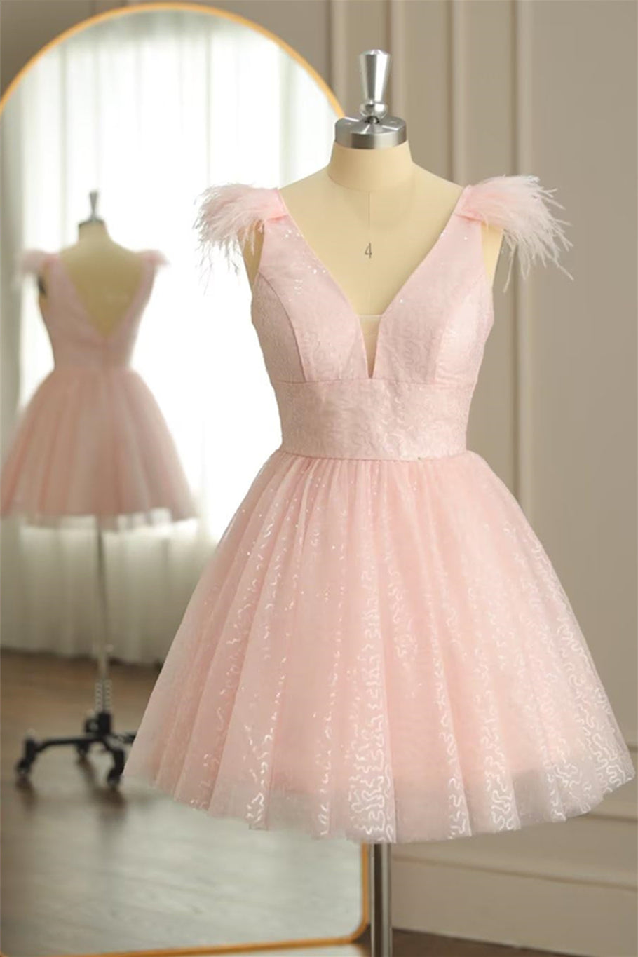 Plunge Neck Blush Pink Short Dress with Feather