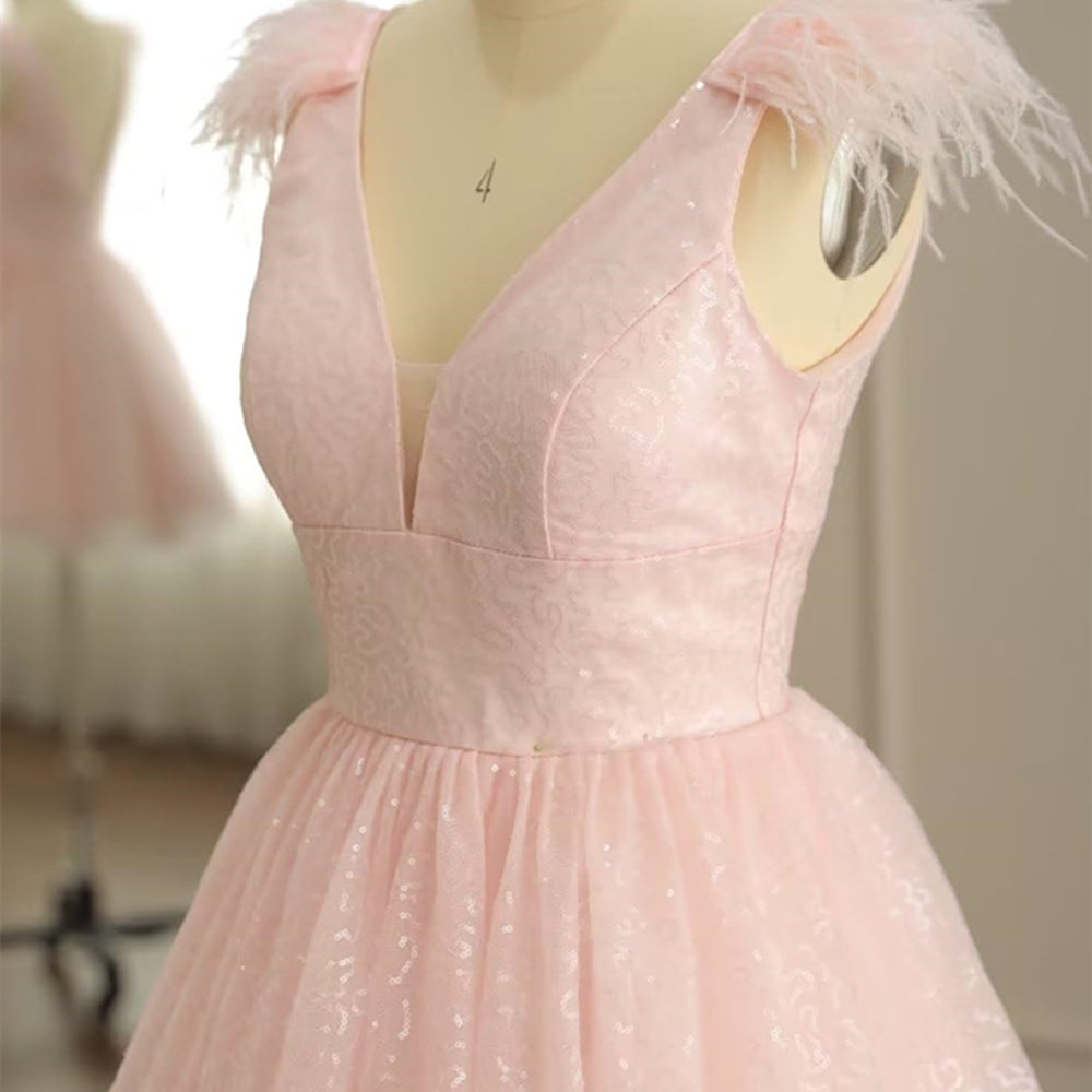 
                      
                        Plunge Neck Blush Pink Short Dress with Feather
                      
                    