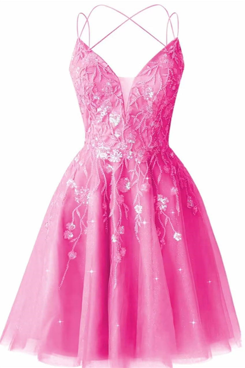 Plunge Neck Hot Pink Appliques Short Dress