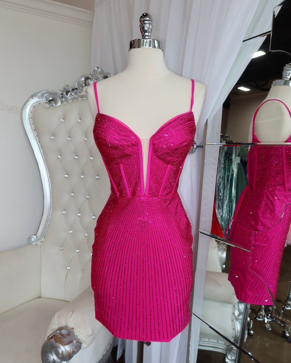 Plunge Neck Hot Pink Beaded Short Dress