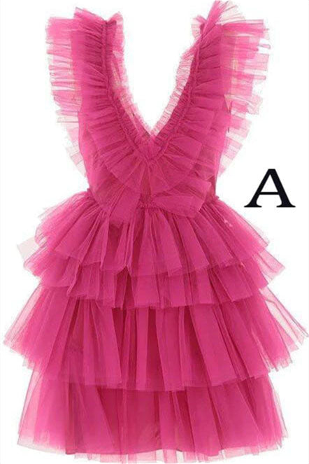 Plunge Neck Hot Pink Layered A-line Short Dress