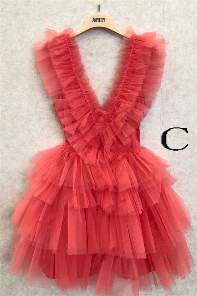 
                      
                        Plunge Neck Hot Pink Layered A-line Short Dress
                      
                    