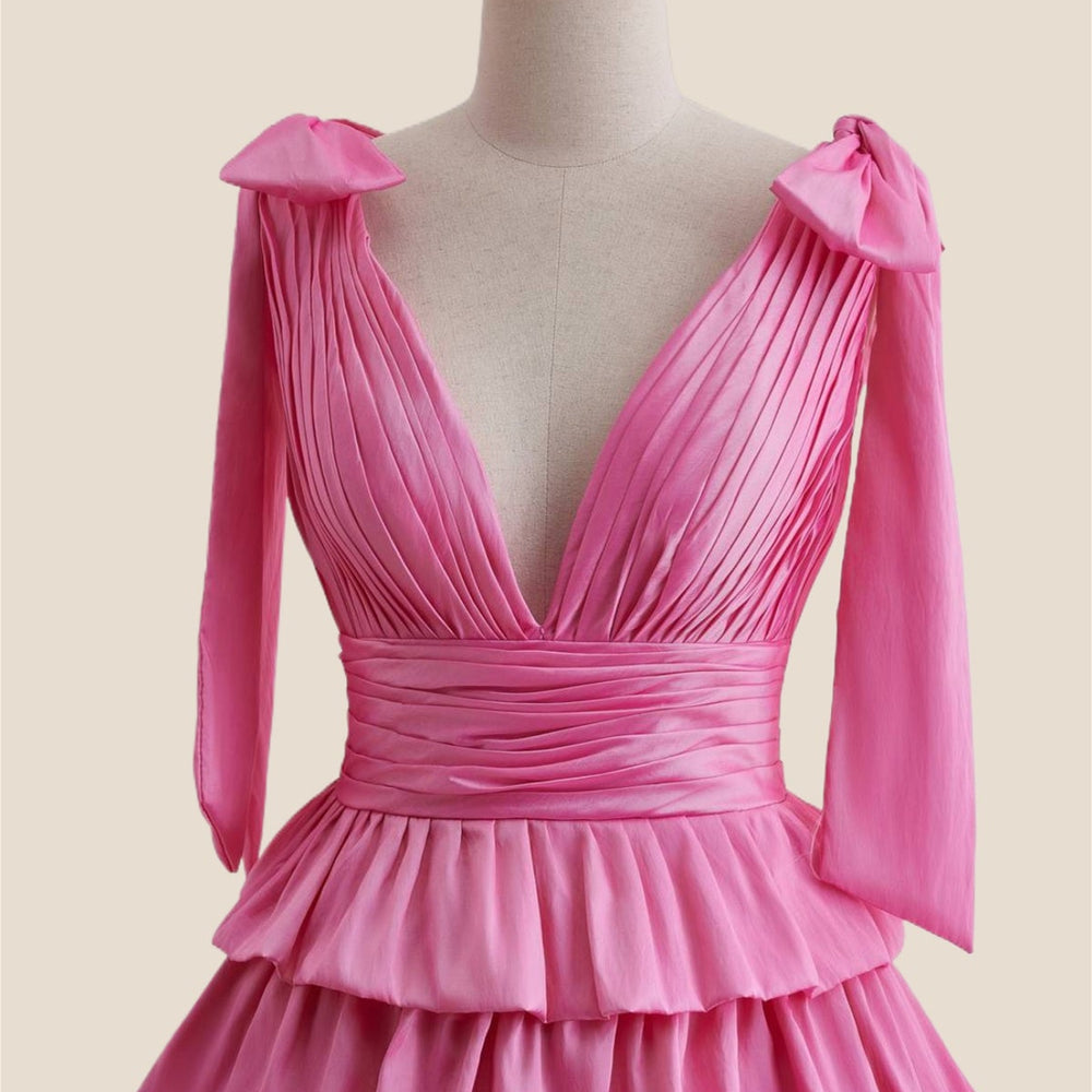 
                      
                        Plunge Neck Hot Pink Layered Ruched Short Dress
                      
                    