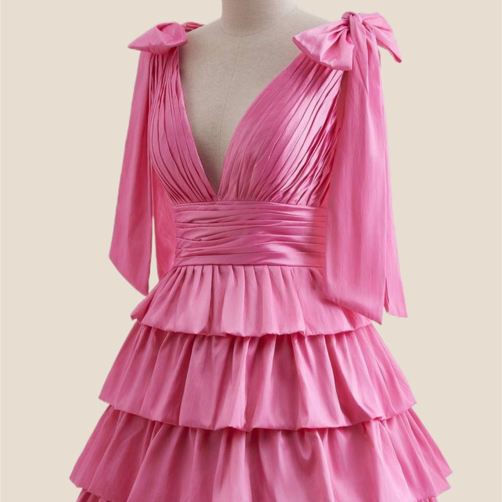 
                      
                        Plunge Neck Hot Pink Layered Ruched Short Dress
                      
                    