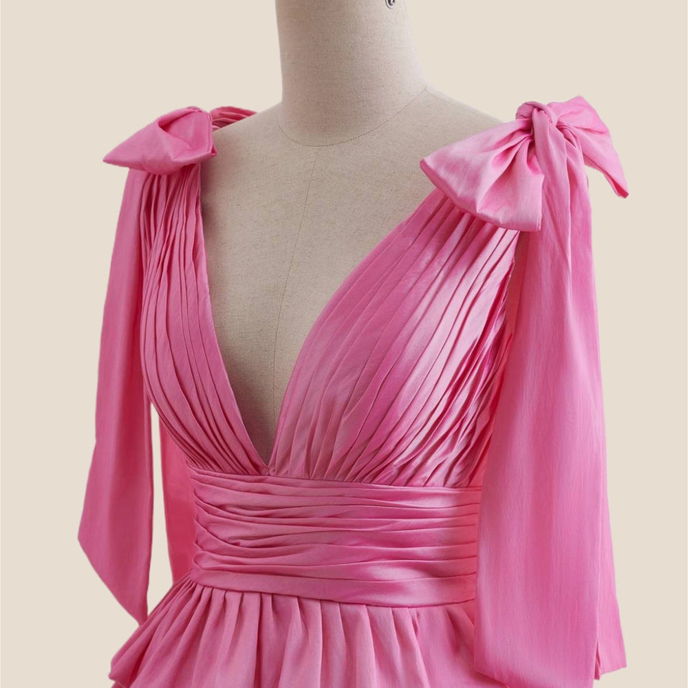 
                      
                        Plunge Neck Hot Pink Layered Ruched Short Dress
                      
                    