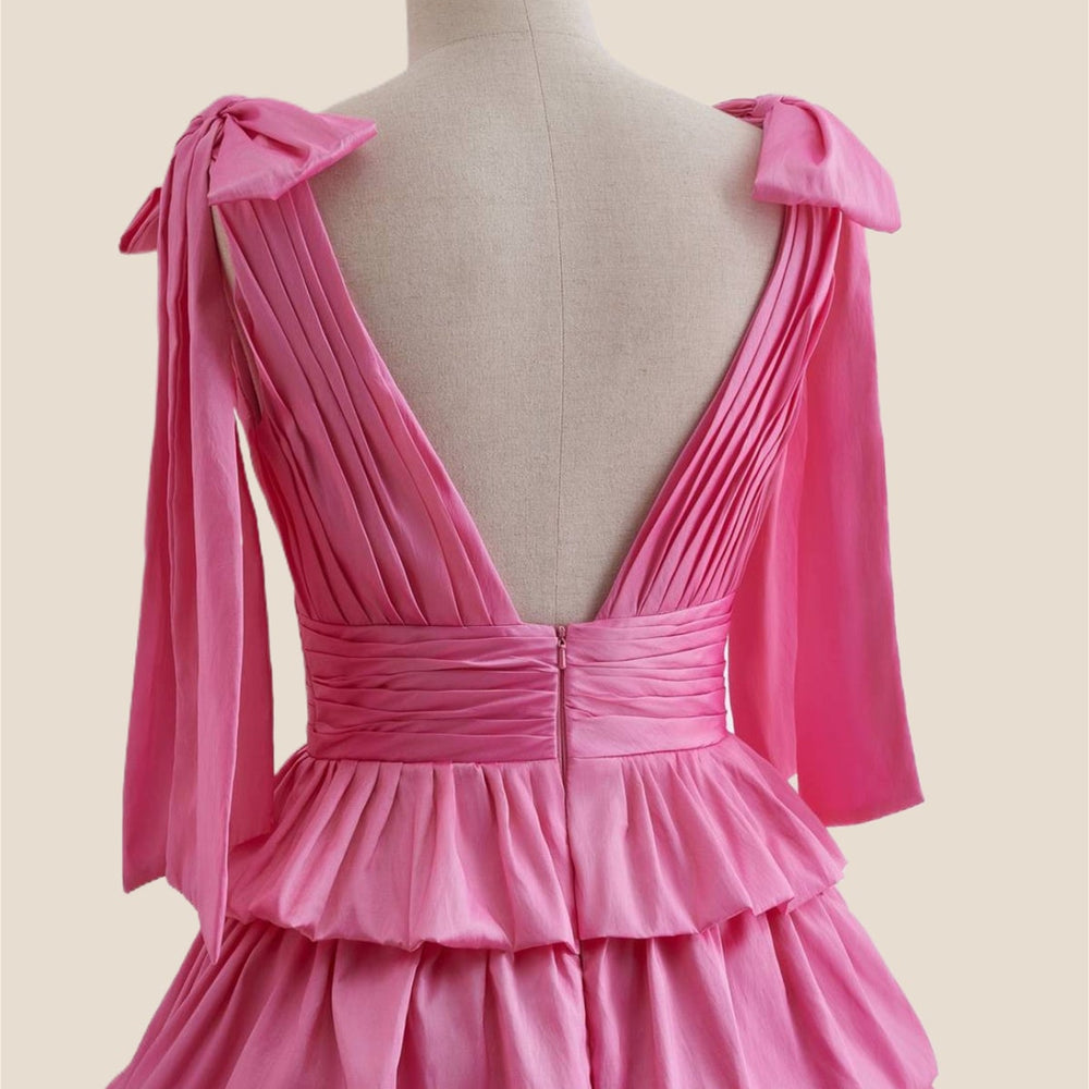 
                      
                        Plunge Neck Hot Pink Layered Ruched Short Dress
                      
                    