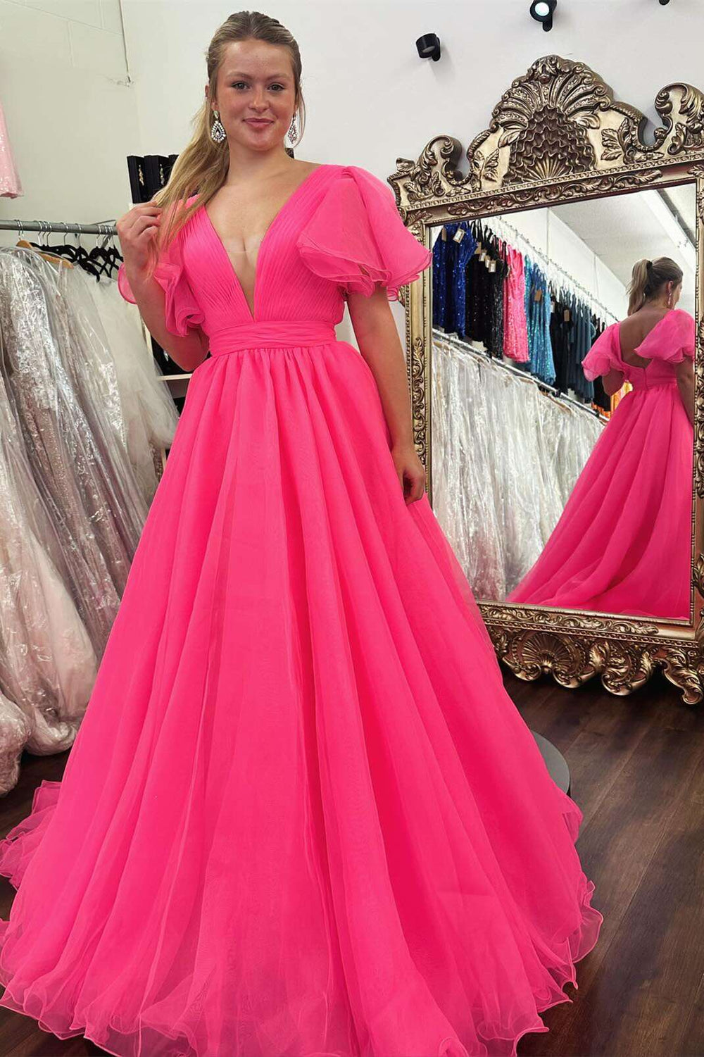 Plunge Neck Hot Pink Long Dress with Ruffled Sleeves