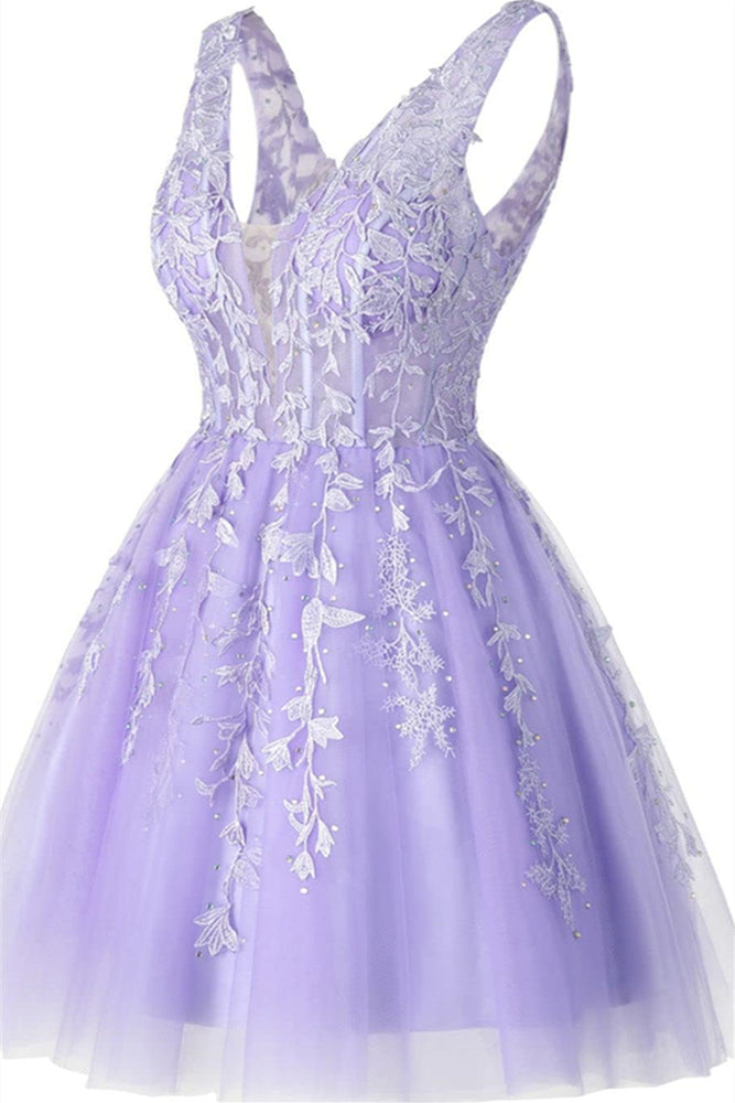 
                      
                        Plunge Neck Lavender Appliques A-line Short Dress
                      
                    