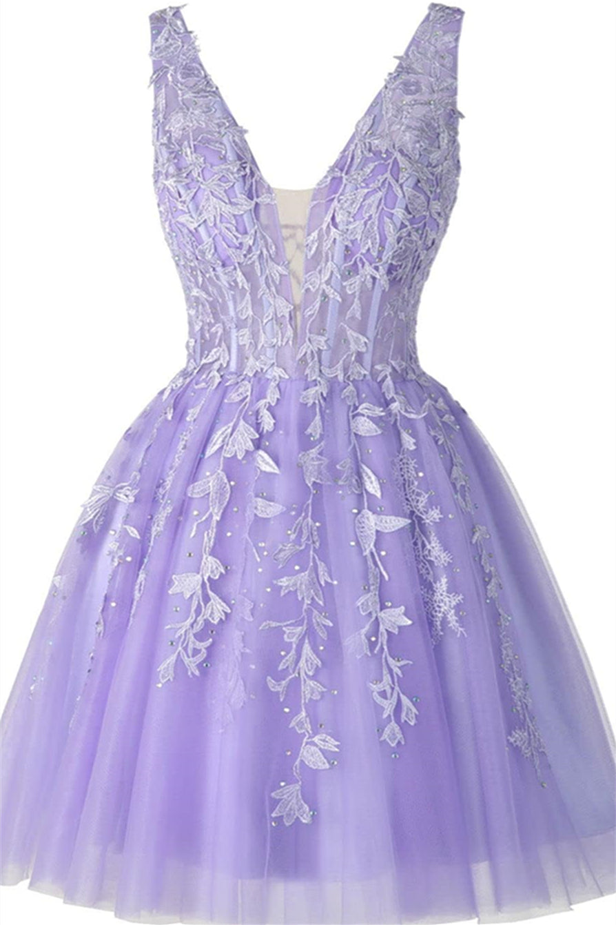 Plunge Neck Lavender Appliques A-line Short Dress