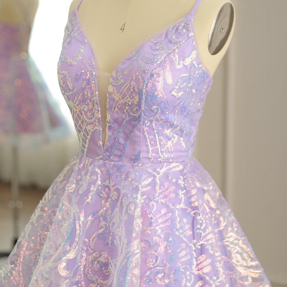 
                      
                        Plunge Neck Lavender Sparkle Sequin Short Dress
                      
                    